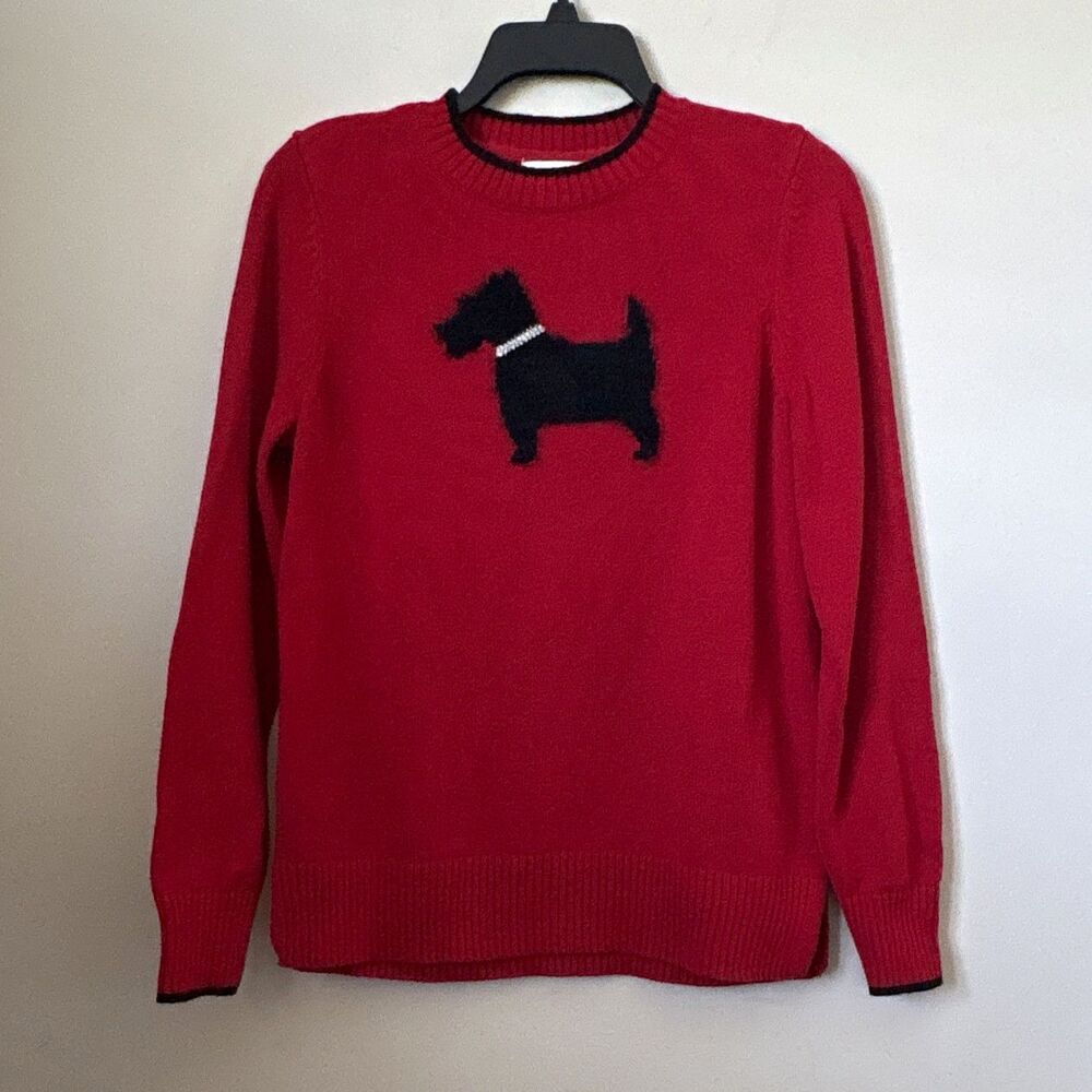 Charter Club Women Red Knit Crew Neck Pullover Sweater Embroidered Scottie Dog M
